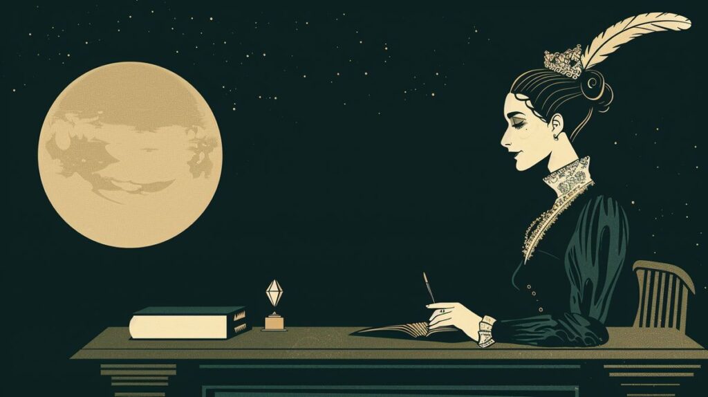 Femme élégante représentant Elisabeth Badinter assise à son bureau avec une plume antique, un livre et un symbole minimaliste de richesse comme un diamant ou un lingot d'or