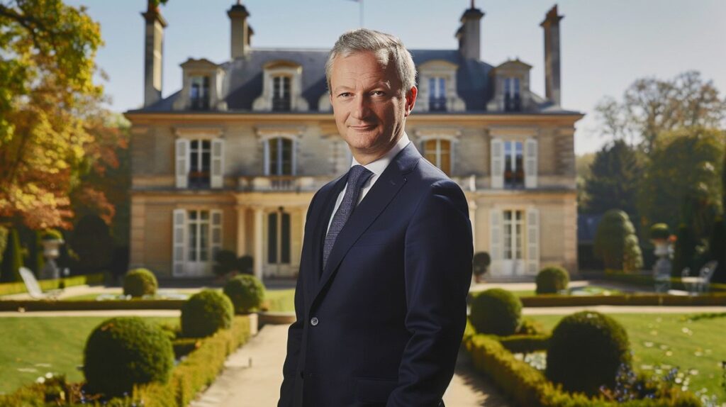 Portrait formel de Bruno Le Maire, politicien français, devant un manoir luxueux symbolisant la richesse