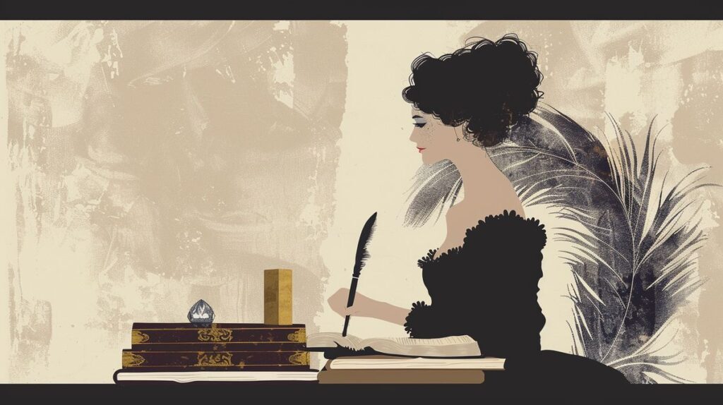 Femme élégante représentant Elisabeth Badinter assise à son bureau avec une plume ancienne, un livre et un symbole minimaliste de richesse comme un diamant ou un lingot d'or