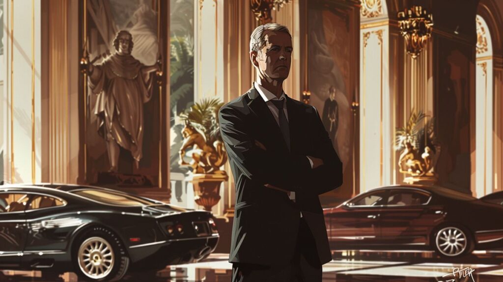 Bruno Le Maire en costume élégant devant un arrière-plan luxueux symbolisant sa fortune, incluant une mansion somptueuse et des voitures de luxe