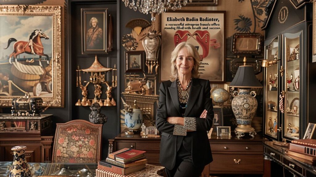 Elisabeth Badinter, entrepreneure prospère, dans un bureau luxueux reflétant sa fortune
