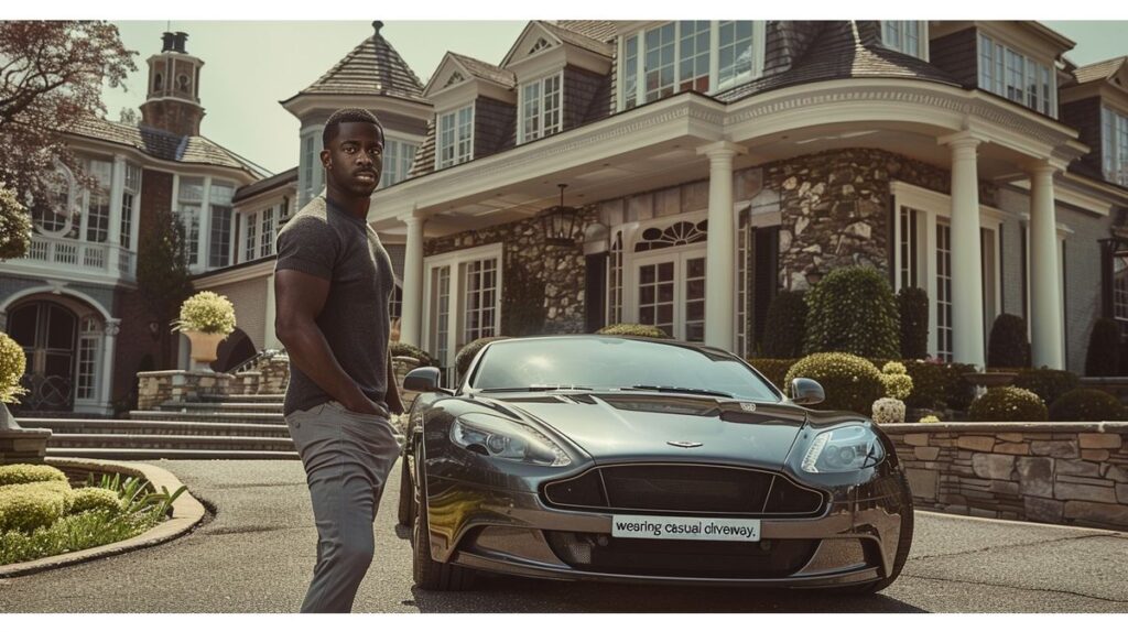 François Ruffin en tenue décontractée devant une grande maison luxueuse avec voiture haut de gamme